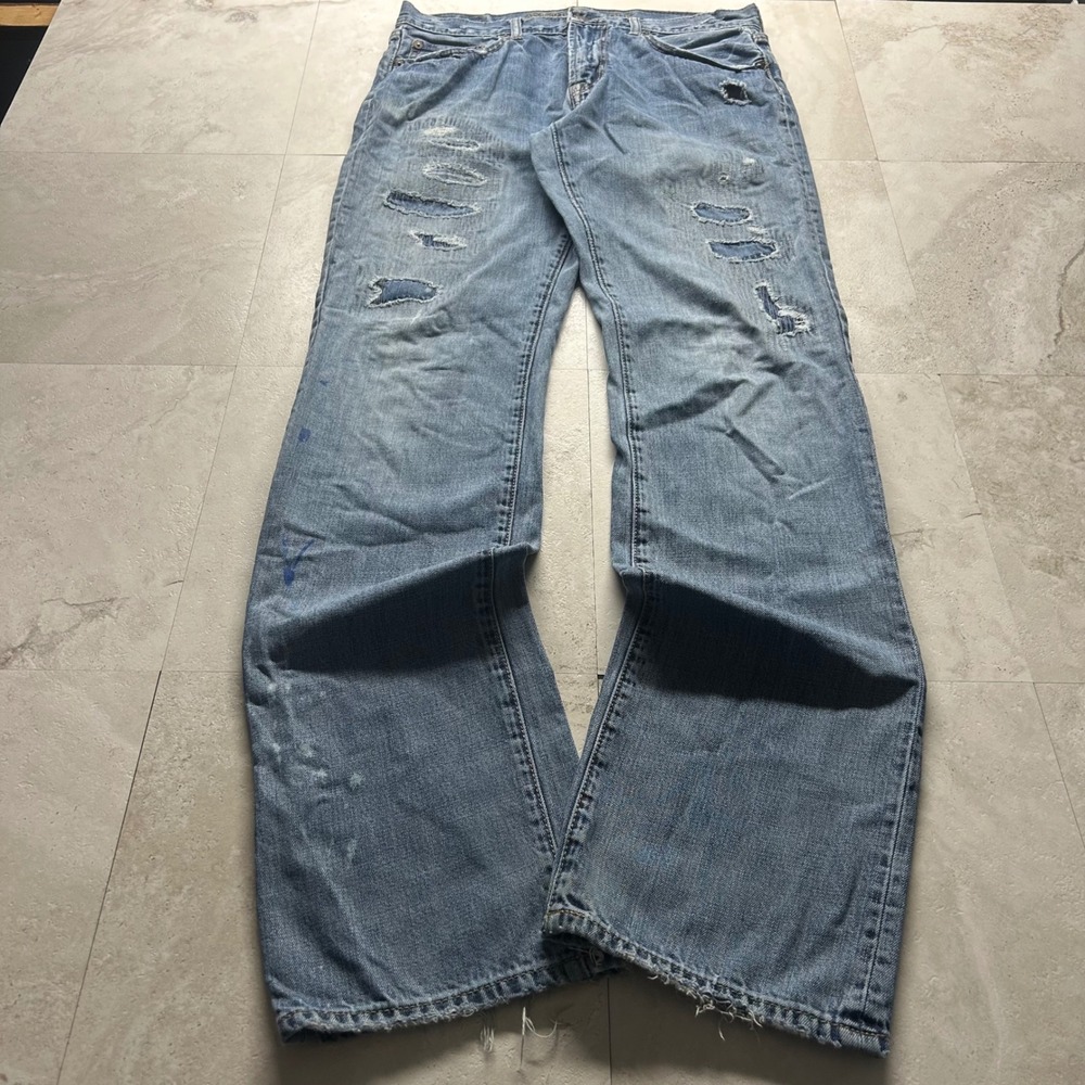 American Eagle Original Straight Jeans Blue Mens 32x38 Distressed Patched Denim